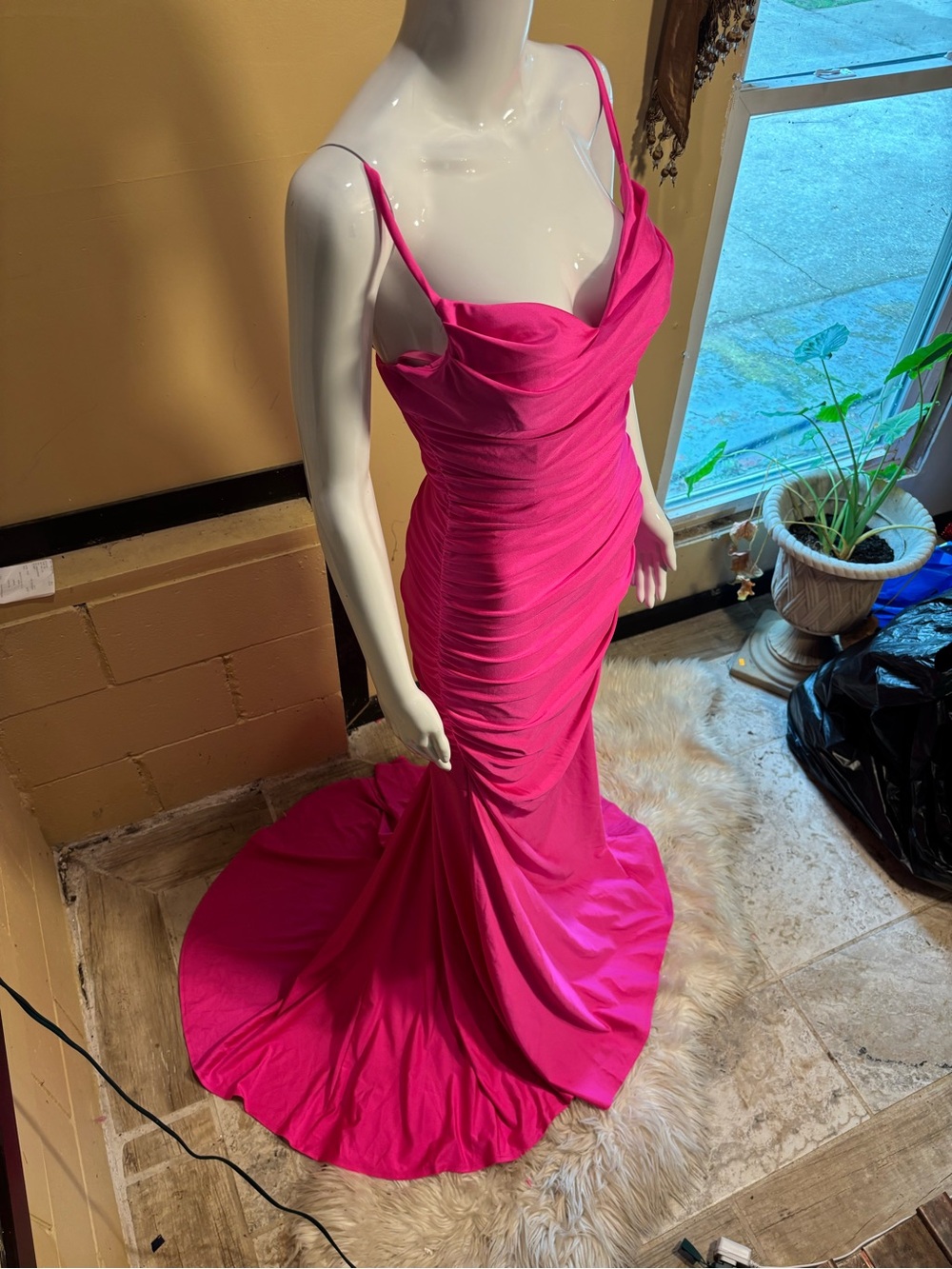 Hot Pink Ruched Spaghetti-Strap Prom Gown - Picture 3 of 12